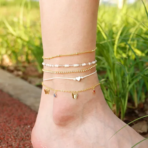 Miniatura 5 de 6 pulseras de tobillo para mujer, tobilleras de oro real de 14 quilates, impermeables, de espiga de espiga de oro Figaro, tobillera de eslabones