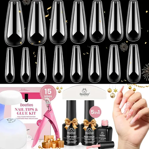Kit de Uñas de Gel Beetles 600Pcs Puntas de Uñas de Ataúd Largo con Esmalte de Gel Rosa, Capa Superior, 15 Tamaños de Uñas Autoadhesivas