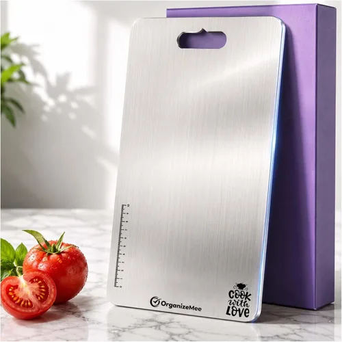 Miniatura 11 de OrganizeMee Tabla de cortar de acero inoxidable para cortar frutas para cocina, tabla de cortar para verduras, panes y carnes, resistente, seguro