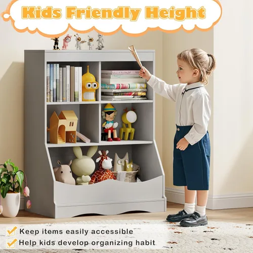 Miniatura 4 de LDAILY Estantería para niños, muebles de dormitorio para niños con 4 cubos, 1 compartimento abierto, estantería de guardería con dispositivo Gris