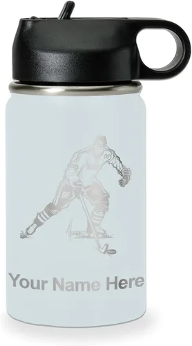 Miniatura 65 de LaserGram Botella de agua personalizada, jugador de hockey, acero inoxidable de doble pared aislada al vacío con popote superior, regalo grabado