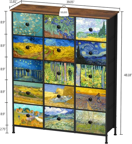 Miniatura 2 de EXOTICA - Cómoda grande con 15 cajones, cómoda alta de tela Van Gogh para dormitorio, sala de estar, entrada, armario con marco de metal resistente