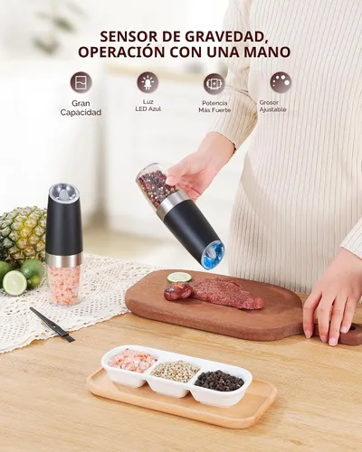 Miniatura 2 de Sangcon Gravity - Juego de molinillo eléctrico de sal y pimienta con agitador automático, molinillo con luz LED, FUNCIONA CON BATERÍAS, grosor