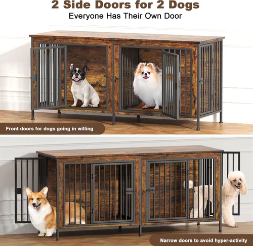 Miniatura 3 de EasyCom - Mueble jaula para 1 o 2 perros, individual o doble, resistente jaula para interiores, base para televisión, mediano, 63 pulgadas de largo