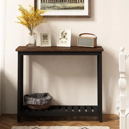 Miniatura 4 de ChooChoo Mesa de Consola para Entrada, Mesas de Sofá para Sala de Estar Estilo Granja, Mesa Estrecha para Pasillo y Vestíbulo con Estante, Negro