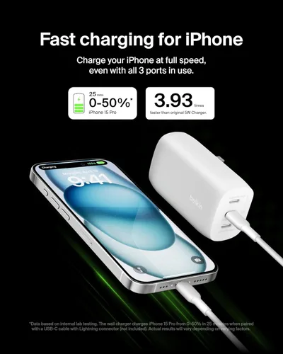 Miniatura 3 de Belkin Bloque de cargador USB C de 3 puertos de 67 W - PPS USB-C PD3.1 PPS carga súper rápida - Samsung Galaxy S26, Apple iPhone 17, Air, Pro