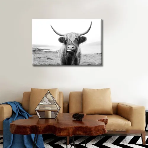 Miniatura 4 de Arte de pared en blanco y negro con diseño de vaca escocesa de las tierras altas en la Isla de Mull impresiones sobre lienzo, decoración del hogar