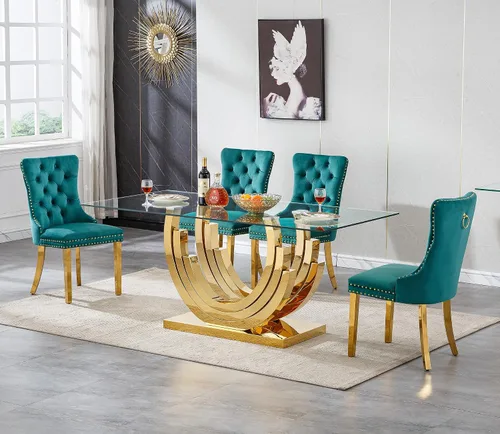 Miniatura 15 de Juego de mesa de comedor de cristal dorado moderno de 70 pulgadas para 4, juego de mesa de comedor rectangular de 5 piezas con tres patas de acero