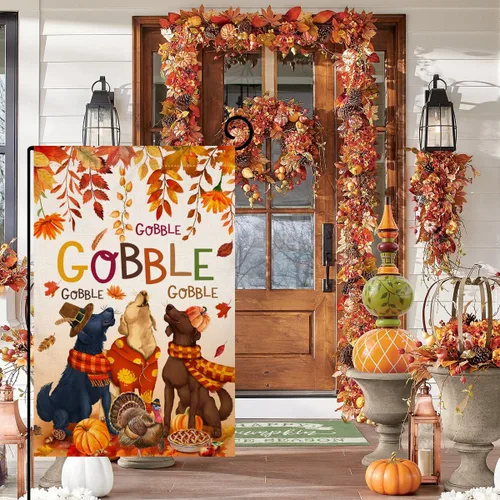 Miniatura 3 de BLKWHT Bandera de jardín de Acción de Gracias de otoño de 12 x 18 pulgadas, vertical, de doble cara, perro, pavo, calabaza, hojas de otoño, Naranja