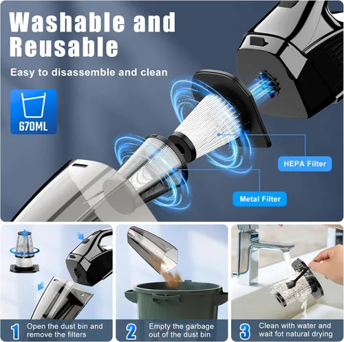Miniatura 7 de Upbooz Aspiradora de Mano Inalámbrica Recargable Portátil para Coche, Succión Potente de 7500Pa Aspiradora Mini de Mano, 670ML de Capacidad Ligera