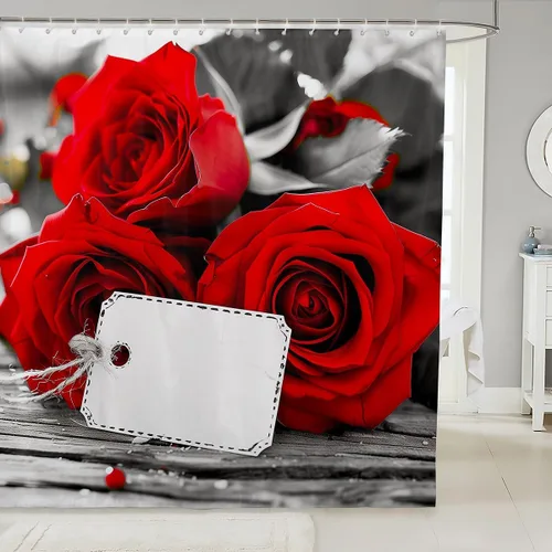 Miniatura 18 de Cortina de ducha con rosas rojas, juego de cortinas de ducha para niñas, mujeres y niños, cortina de ducha de tela impermeable con flores botánicas
