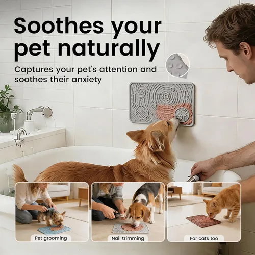 Miniatura 3 de OHMO Alfombrilla para lamer perros y gatos, (Ash+Beige, 2 piezas, 9.8 x 5.9 pulgadas), diseño de galaxia, alimentador lento con ventosas, mantenlos