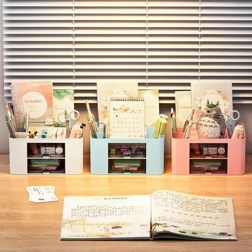 Miniatura 5 de Organizador de escritorio creativo y simple, 7 rejillas, organizador de mesa de plástico con cajón, organizador de escritorio multifuncional, Azul