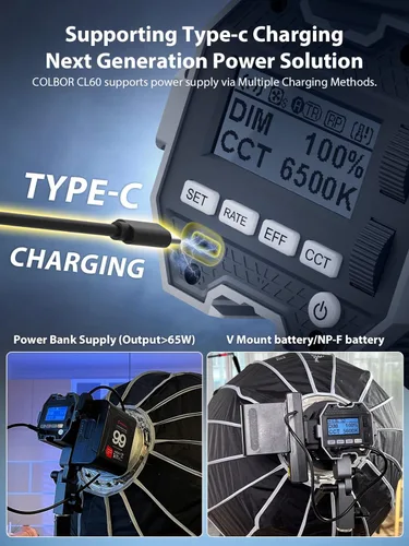 Miniatura 5 de Colbor CL60+VM2 65W COB Luz continua 2700K-6500K Luz de video LED con adaptador de montaje en V y cable D-Tap a Tipo-C, luz diurna con aplicación