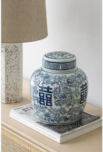 Jarrón con tapa de porcelana 100 % azul y blanco oriental de 8 x 9.5 pulgadas con patrón floral para almacenamiento en el hogar y organización de la