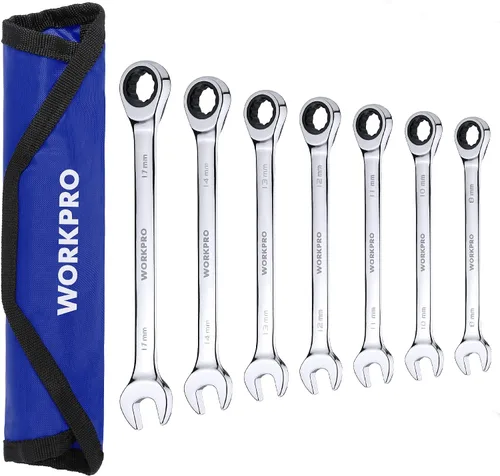 Miniatura 8 de WORKPRO Juego de llaves combinadas de trinquete de 7 piezas, 72 dientes, construcción Cr-V, juego combinado de llaves de trinquete con bolsa