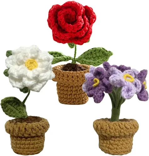 Miniatura 8 de JOONOR 3 piezas de mini tulipanes de ganchillo en maceta, flor de soplo de rosa falsa de punto para baño, hogar, cocina, mesa rústica, centro