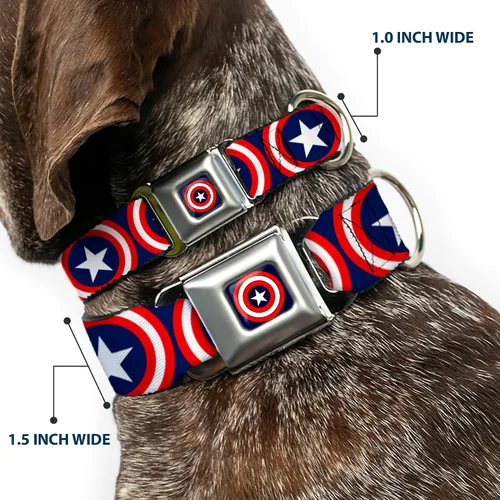 Miniatura 2 de Buckle-Down Collar de perro con hebilla de cinturón de seguridad, escudo Capitán América repetición azul marino, 1 pulgada de ancho, se adapta a