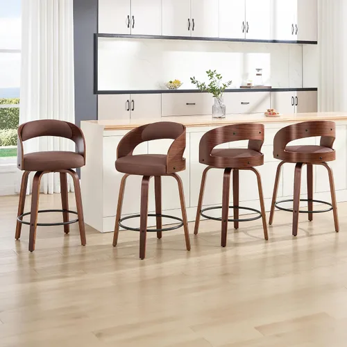 Miniatura 40 de Juego de 1 taburete de bar giratorio, 26" de cuero sintético tapizado, altura de mostrador con respaldo, silla de bar moderna de mediados de siglo