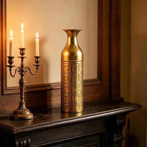 Miniatura 3 de Hosley Florero de metal grabado en oro envejecido de 16 pulgadas, centro de mesa cilíndrico metálico con patrón de cuadrícula geométrica