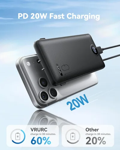 Miniatura 3 de VRURC Cargador Portátil con Enchufe de Pared, 10000mAh Cargador Portátil Delgado con Cables Integrados, PD 20W Banco de Energía de Carga Rápida