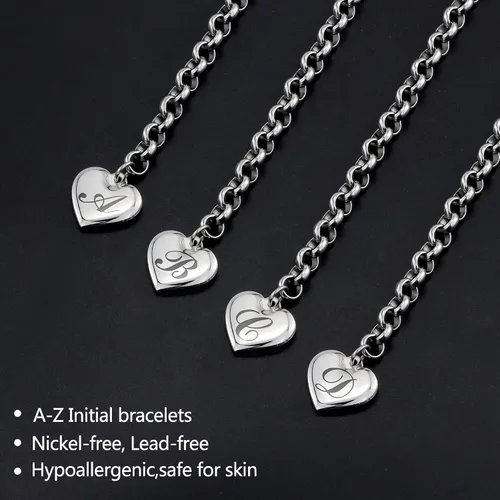 Miniatura 6 de Pulseras de acero inoxidable y dije en forma de corazón con inicial, 26 letras del alfabeto para mujer, regalos para el Día del Amor y la Amistad
