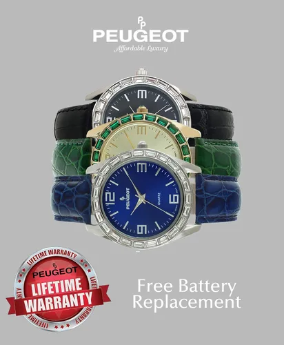 Miniatura 3 de Peugeot Reloj redondo acentuado de cristal para mujer, estilo novio con correa de cuero genuino