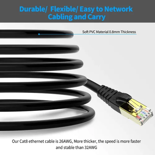 Miniatura 6 de KASIMO Cable Ethernet Cat 8 de 2 pies, cable LAN de red Cat8 de alta velocidad de 40 Gbps con conector RJ45 chapado en oro cable blindado SFTP