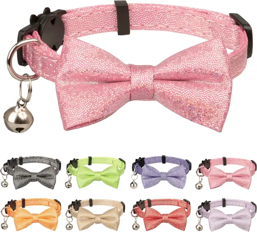 Miniatura 9 de Collar de gato con pajarita brillante para gatos, campanilla, fiesta, boda, fiesta, brillante, 7-11 pulgadas, niña, niño, mascota, color liso