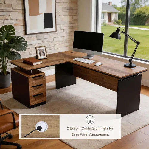 Miniatura 7 de Escritorio ejecutivo en forma de L de 63 pulgadas, escritorio industrial moderno de oficina de madera con cajones de bloqueo, gestión de cables
