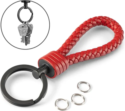 Miniatura 4 de SERASAR Leather Keychain [Strong] - with Additional Stainless Steel Key Ring for Small Keys - with Gift Box Rojo