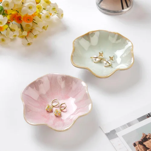 Miniatura 2 de 2 piezas de plato con forma de hoja de loto, cuenco pequeño para llaves, bandeja de cerámica para joyas, organizador de collares, aretes para mamá