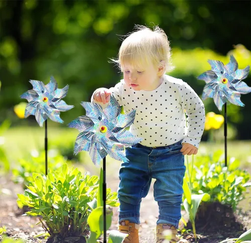Miniatura 6 de Paquete de 8 molinetes para patio y jardín, molinetes reflectantes para disuasión de aves, molinetes para exteriores, molinetes al aire libre