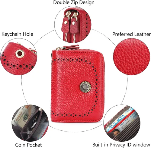 Miniatura 6 de GOIACII Cartera con tarjetero RFID para mujer, pequeña cartera de piel auténtica con 2 cremalleras