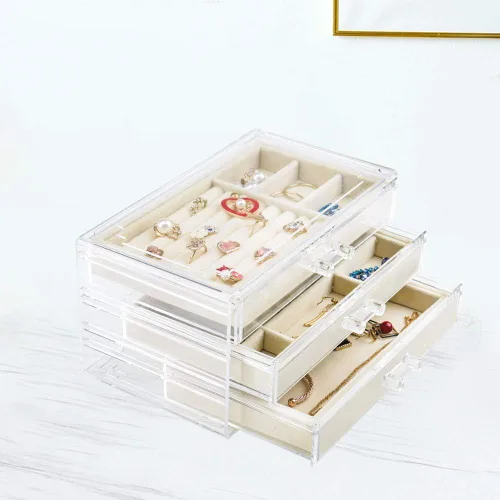 Miniatura 7 de Weiai Joyero acrílico con 3 cajones organizador de joyas de terciopelo aretes anillos collares pulseras vitrina regalo para mujeres niñas beige