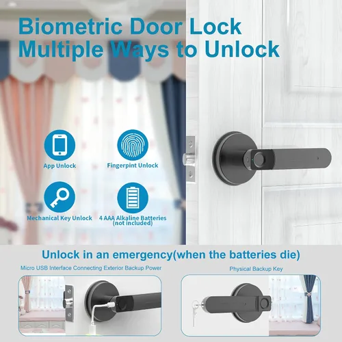 Miniatura 3 de Foxgard - Cerradura de puerta biométrica con perilla inteligente de huellas dactilares, control remoto con aplicación, cerradura de puerta Negro