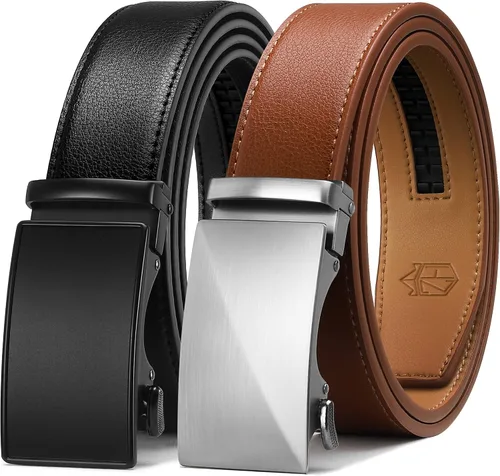 Zitahli Cinturón de trinquete para hombre, 2 paquetes de cinturones de cuero para hombre, para regalo, vestido e informal, recortado para adaptarse