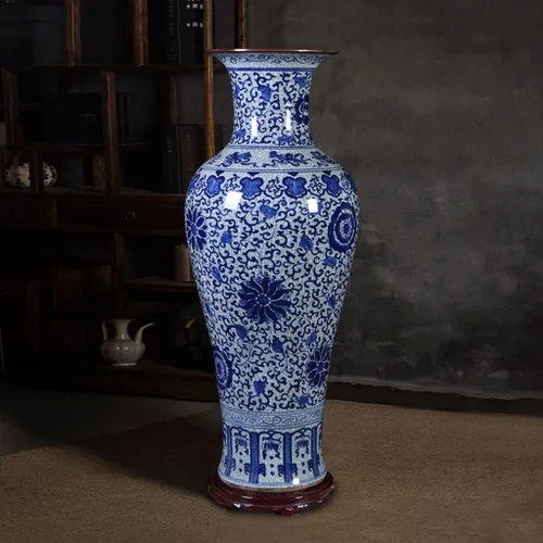 Miniatura 3 de Florero retro de cerámica para piso, florero de porcelana azul y blanco, para sala de estar, arreglo floral, decoración de gabinete de TV chino