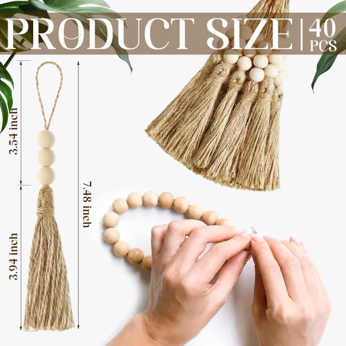 Miniatura 2 de Taiyin 40 juegos de borlas de yute con 3 cuentas de madera, cuerda de yute natural, borlas de arpillera para árbol de Navidad, manualidades, cuentas