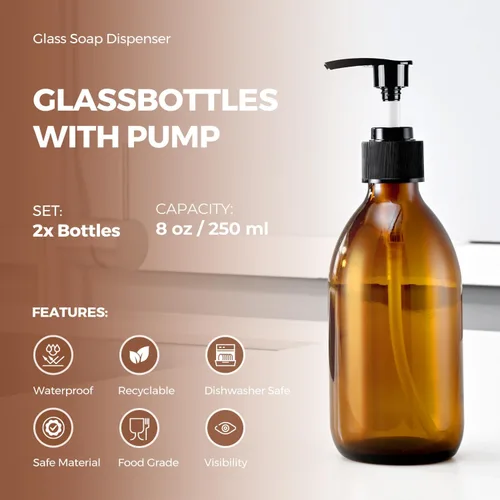 Miniatura 2 de Botella de bomba de vidrio ámbar de 8 onzas, botella dispensadora de jabón de vidrio de 8.5 fl oz para aceite de masaje de loción corporal
