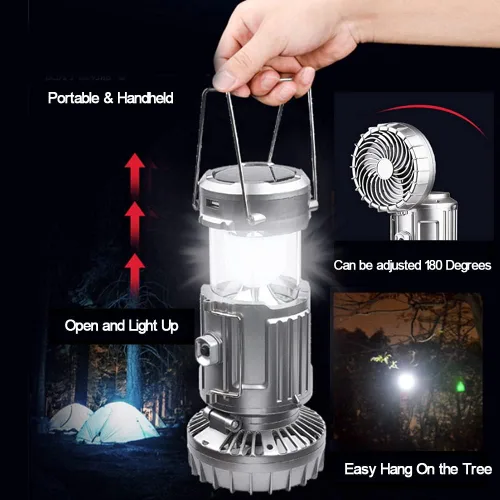 Miniatura 5 de SupBri Linterna solar para campamento con ventilador, ventiladores de campamento recargables que cargan para teléfono, luz a pilas para huracanes