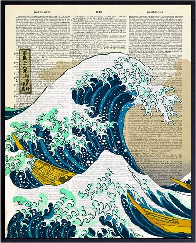 Wave off Kanagawa - Arte de pared japonés impreso en foto de diccionario, listo para enmarcar (8 x 10), foto vintage, gran regalo para surfistas,