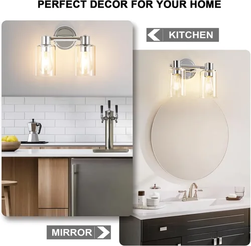 Miniatura 9 de Apliques de Pared de Baño de 2 Luces con Cristal Transparente, Luces de Pared de Baño Sobre Espejo, Luces de Tocador Cromadas con Base E26 Cromo