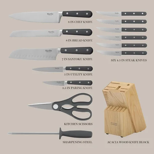 Miniatura 3 de Martha Stewart Eastwalk Juego de 14 cuchillos de acero inoxidable de alto carbono con mango forjado remachado triple de ABS, bloque de madera de Gris