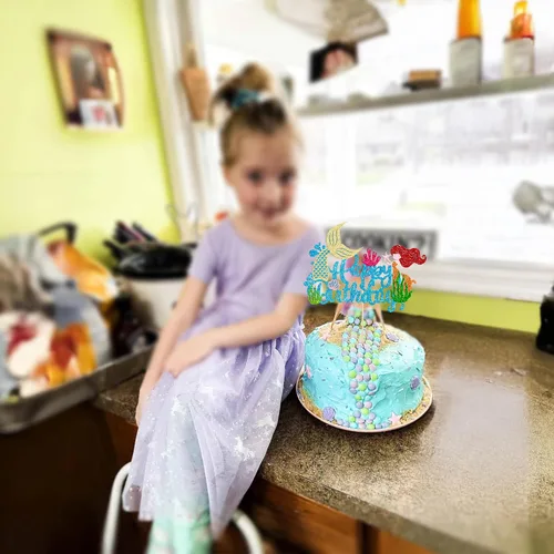 Miniatura 5 de Gyufise 1 pieza de decoración de pastel de sirena de feliz cumpleaños con purpurina de animales del océano, conchas marinas, cola de sirena