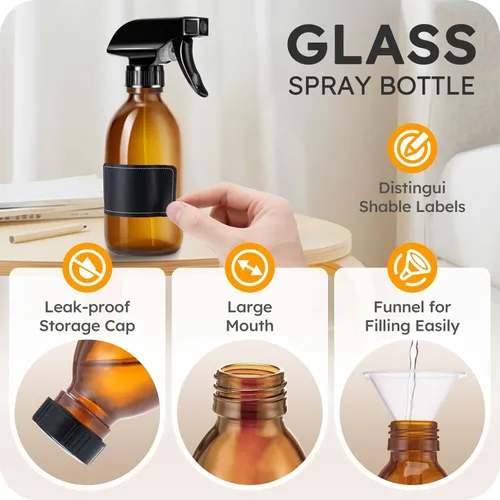 Miniatura 4 de Tecohouse Botellas rociadoras de vidrio de 8 onzas, botellas de spray para el cabello ámbar, paquete de 2 recipientes rociadores vacíos recargables