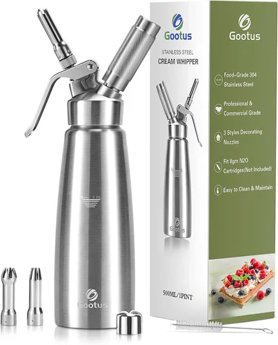 Despachador de crema batida profesional Gootus - de acero inoxidable, capacidad de 500ml / 1 pinta, incluye 3 boquillas decorativas de acero
