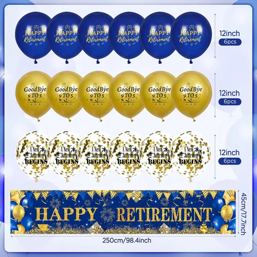Miniatura 7 de Decoraciones de feliz jubilación: pancarta grande azul marino dorado con 18 globos para hombres y mujeres, fiestas, cabina de fotos, suministros