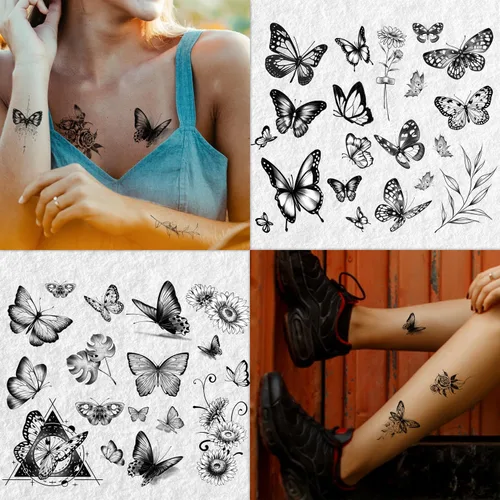 Miniatura 4 de Cerlaza 20 hojas de tatuajes temporales de mariposa negra para mujeres adultas, 120 estilos de mariposas pequeñas, tatuajes falsos impermeables