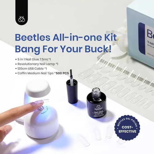 Miniatura 2 de Kit de Uñas de Gel Beetles de Extensión Fácil con 500 Puntas Medianas en Forma de Ataúd 5 en 1, Gel Base de Pegamento de Uñas y Lámpara LED 0-4-M